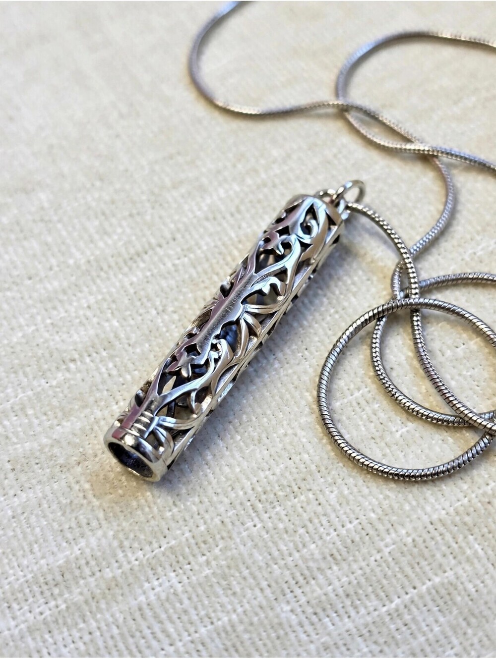 Silver Engraved Tube Pendant Necklace – 18" Snake Chain, Boho Chic